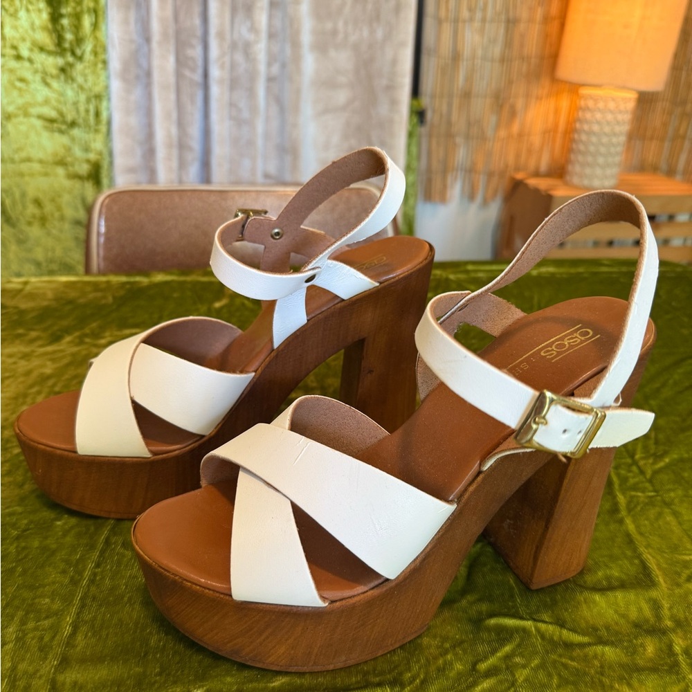 ASOS White Leather Platform Heels with Wood-Look Block